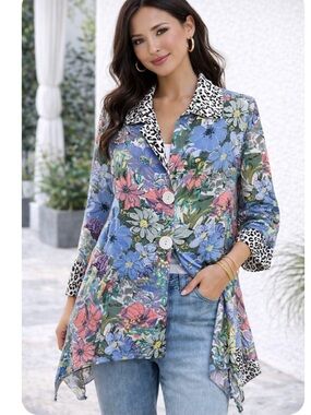 NWT Miss Nikki Floral Mixed-Print Blazer Jacket - Blue Multi